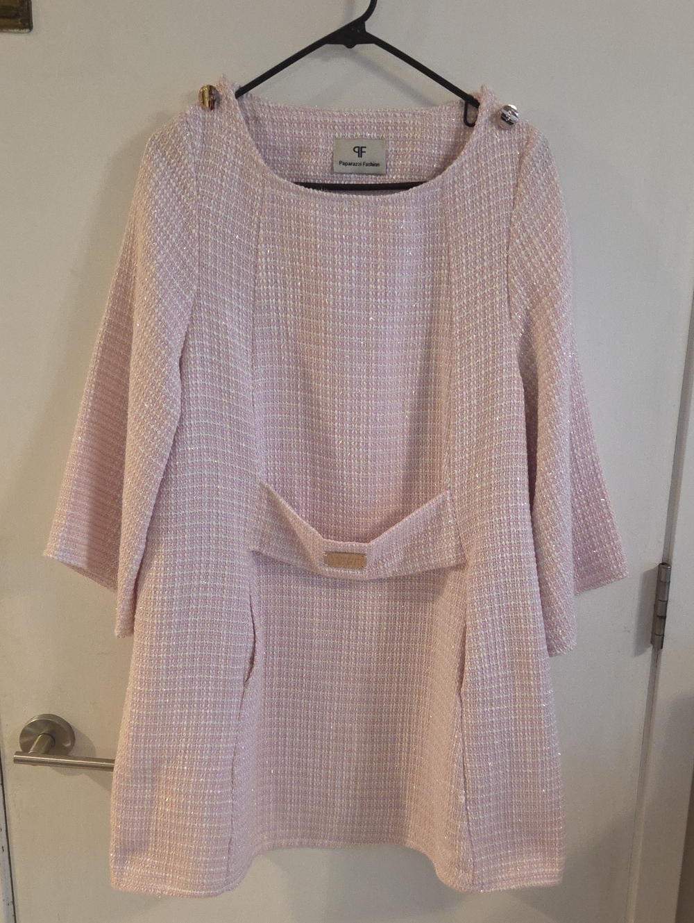 Paparazzi Fashion Pink Tweed Dress – Bow Detail & Statement Buttons